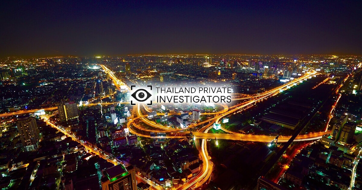 Aerial photo of Bangkok at night overlaid with the Thailand Private Investigators logo